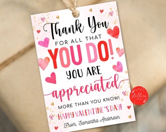 Etiquetas de regalo de agradecimiento para el Día de San Valentín, para maestros, empleados, enfermeras, voluntarios, plantilla editable de etiqueta de regalo de agradecimiento, escuela, PTA