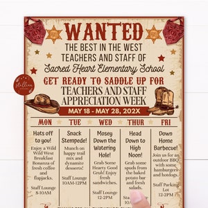 Western Themed Teacher Appreciation Week Itinerary Poster, Wild West Appreciation Week Schedule Events, INSTANT DOWNLOAD EDITABLE Template