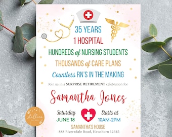 Invitación de jubilación de enfermera Impreso Maestro digital Invitación fiesta de jubilación, RN Doctor Personalizado Estadísticas de carrera de enfermera Plantilla EDITABLE