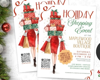 May include: Holiday shopping event flyer with a watercolor illustration of a woman carrying gifts and shopping bags. The flyer includes event details: date, time, location, and a QR code. The flyer is a Canva editable template.