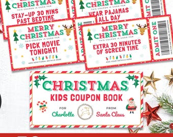 May include: A collection of Christmas-themed coupons with red and white borders. The coupons offer various kid-friendly activities like extra screen time and staying up past bedtime. A larger sign reads "Christmas Kids Coupon Book" with a Santa Claus illustration.