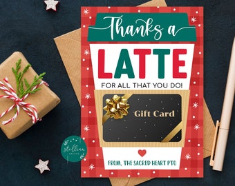 EDITABLE Christmas Coffee Gift Card, Thanks a Latte Holiday Gift Card Holder, Coffee Card Holder, Stocking Stuffer, Holiday Teacher Gifts