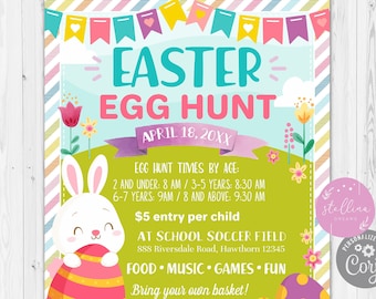 Easter Egg Hunt Flyer, Kids Easter Bunny Event, Printable Invite Easter Party Invitation, pto pta, Church Community, Editable Easter Flyer