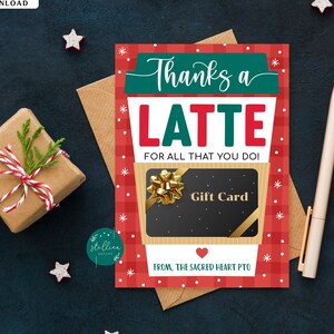 Carte cadeau de café de Noël MODIFIABLE, porte-carte cadeau de Noël Thanks a Latte, porte-carte café, bas de Noël, cadeaux d’enseignant de vacances
