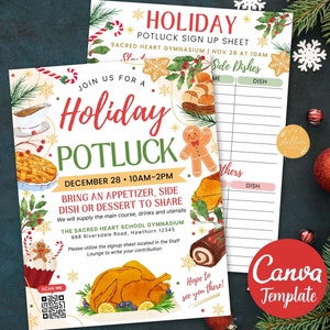 Holiday Potluck Flyer & Sign-Up Sheet, Editable Canva Template for Christmas Luncheon or Dinner