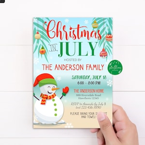 Editable Christmas In July Party Invitation, Holiday invitation, Tropical Christmas, Summer Xmas, Pool Party, Printable Instant Download