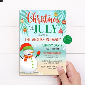 Editable Weihnachten im Juli Party-Einladung, Urlaub Einladung, tropischen Weihnachten, Sommer Weihnachten, Pool-Party, druckbare Instant Download