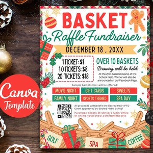Bearbeitbarer Weihnachtskorb-Verlosungs-Spendenaktions-Flyer, Raffle-Spendenaktionsvorlage, Fundraiser, kirchlicher Charity-Verlosungskartenverkauf CANVA-Vorlage