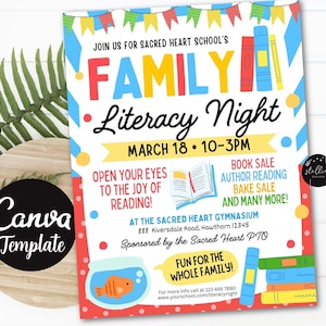 Editable CANVA Template Printable Family Literacy Night Flyer, PTA PTO Flyer, School Church Fundraiser, Children&#39;s Reading Book Sale Event