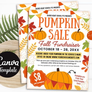 May include: A flyer advertising a pumpkin sale fundraiser at Sacred Heart School. The flyer features a bright orange pumpkin with a green stem and autumn leaves in the background. The text reads "Pumpkin Sale Fall Fundraiser October 18-28, 20XX".