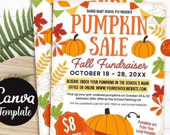 Bewerkbare herfst pompoen verkoop fundraiser flyer/poster afdrukbare uitnodiging, community Halloween-evenement, kerk herfst oogstfeest CANVA-sjabloon