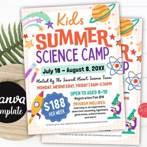 Puede incluir: Dos folletos que promocionan un campamento de verano de ciencias para niños. Los folletos tienen un fondo blanco con gráficos coloridos de planetas, estrellas y equipos científicos. El texto incluye las fechas, horarios y detalles del programa del campamento.