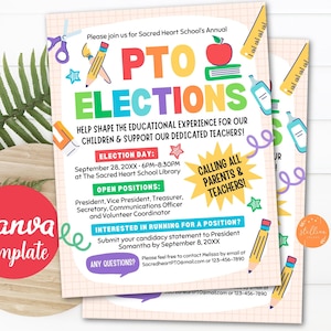 Può includere: Un volantino colorato per le elezioni annuali del PTO della Sacred Heart School. Il volantino presenta un logo PTO dai colori dell'arcobaleno, una mela rossa e una matita. Il testo sul volantino recita "Elezioni del PTO", "Aiuta a plasmare l'esperienza educativa dei nostri figli e a sostenere i nostri insegnanti dedicati!" e "Chiamata a tutti i genitori e gli insegnanti!"