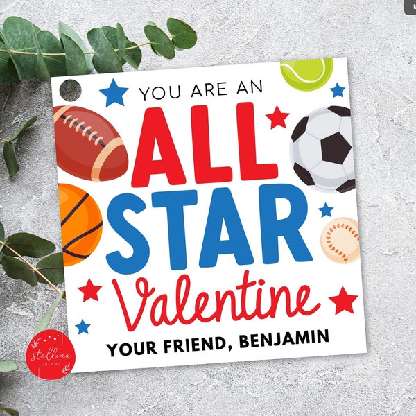 Biglietti di San Valentino All Star Sports MODIFICABILI, modello fai da te per biglietti di San Valentino stampabili con pallone da calcio per ragazzi, regalo per feste in classe, insegnanti e personale scolastico