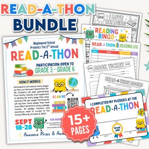 May include: A Read-A-Thon bundle featuring a collection of printable educational documents, including a participation flyer, reading logs, book tickets, and a completion certificate, all decorated with colourful cartoon book characters and text.