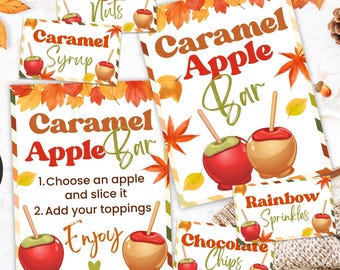 Caramel Apple Bar Sign & Food Tent Labels | Fall Appreciation Party | Editable Canva Template | Autumn Dessert Table