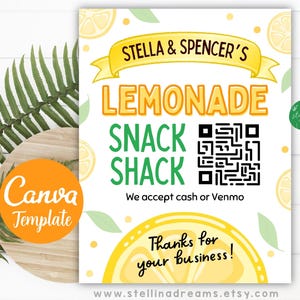Editable Lemonade Stand Sign Printable, Personalized Kids Lemonade Sign with QR Code, Promotion Poster, Summer Playful CANVA Template Fun