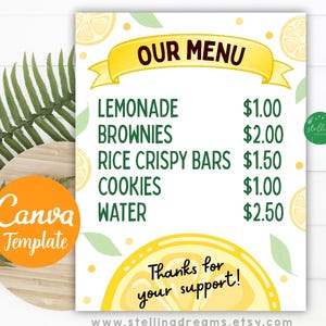 Editable Lemonade Stand Menu Printable, Kids Lemonade Pricing Sign Printable, Promotion Poster, Summer Playful CANVA Template Modern Fun Diy