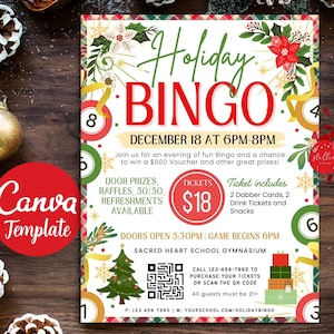 Editable Christmas Bingo Night Flyer: Holiday Fundraiser (CANVA Template) Elegant Watercolor