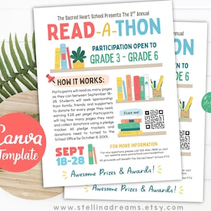 Puede incluir: Un folleto para un Read-A-Thon escolar, con texto en rojo, azul y verde. El folleto incluye el título del evento, detalles de participación para los grados 3-6 e instrucciones. También tiene un código QR y el texto "Awesome Prizes & Awards!"
