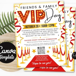 Modelo CANVA de folheto editável para o Dia VIP da Família, arrecadação de fundos para a igreja da escola, dia dos avós dos amigos, convite para o dia aberto da escola, estrelas dos alunos