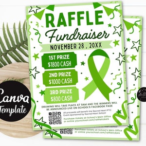 Editable Green Ribbon Raffle Fundraiser Flyer, Raffle fundraiser, Cancer Medical Church School Charity Raffle Ticket Sales CANVA Template