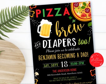 Editable Pizza and Beer Baby Shower Invitation Chalkboard Printable Baby Sprinkle Italian Theme Couples Shower Diaper Party INSTANT DOWNLOAD