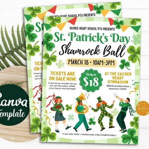 Op de afbeelding: Een groene en witte flyer met klavertjesvier en een cartoonillustratie van mensen in een parade. De flyer adverteert voor een St. Patrick's Day Shamrock Ball op 18 maart van 10:00 tot 15:00 uur in de Sacred Heart Gym. Tickets kosten €18.