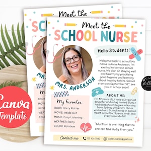Könnte beinhalten: Zwei Flyer mit dem Text "Meet the School Nurse" und einem Foto einer lächelnden Frau. Die Flyer enthalten den Text "Hello Students!" und Informationen über die Schulkrankenschwester, einschließlich ihres Namens, ihrer Interessen und Kontaktinformationen. Das Canva Template-Logo ist sichtbar.