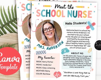 May include: Two flyers with the text "Meet the School Nurse" and a photo of a smiling woman. The flyers include the text "Hello Students!" and information about the school nurse, including her name, interests, and contact information. The Canva Template logo is visible.