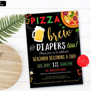 Editable Pizza and Beer Baby Shower Invitation Chalkboard Printable Baby Sprinkle Italian Theme Couples Shower Diaper Party INSTANT DOWNLOAD