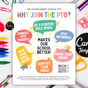 Editable Why Join the Pto PTA Flyer Template with QR Code for School Volunteer Recruitment CANVA Template Simple Fun Rainbow Boho Pastels