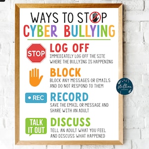 May include: A framed poster with the text "WAYS TO STOP CYBER BULLYING" in colorful letters. The poster includes instructions to log off, block, record, and discuss cyberbullying. The poster is on a white brick wall.