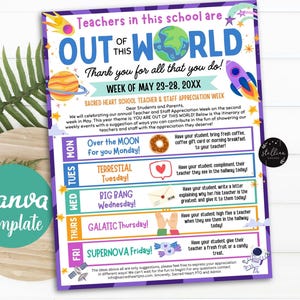 Editable Space Theme Teacher Appreciation Staff Invitation Newsletter, Printable Appreciation Week Events, Take Home Flyer CANVA Template