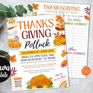Thanksgiving Potluck Flyer & Sign Up Sheet Set, Editable CANVA Template