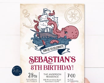 May include: An invitation to Sebastian's 8th birthday party. The invitation features a vintage-style illustration of a ship being attacked by an octopus. The text reads "Join us to celebrate Sebastian's 8th Birthday!" and includes the date, time, and location of the party. The invitation also encourages guests to wear a costume.