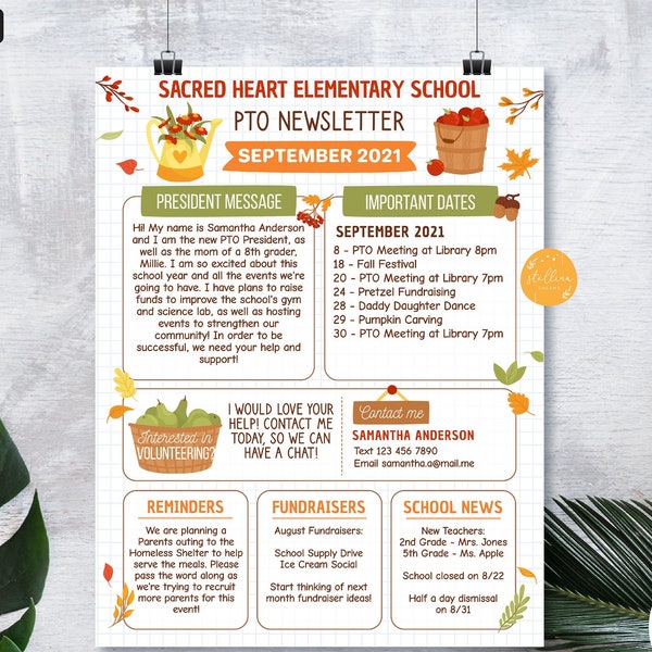 September PTO PTA Newsletter Flyer, Autumn Classroom Printable Handout, School Year Calendar Meeting Agenda Seasonal Fall Organizer EDITABLE
