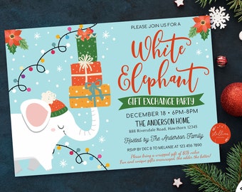 Puede incluir: Una invitación a una fiesta navideña azul y verde con una ilustración de un elefante blanco. La invitación dice "Por favor, únase a nosotros para una fiesta de intercambio de regalos de elefante blanco" e incluye la fecha, la hora, la ubicación y la información del anfitrión.