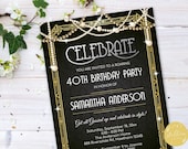 Great Gatsby Invitation, Adult Birthday Invitation, Roaring 1920s, Art Deco Digital Invite, Glitter Elegant, 40th 50th Birthday Editable
