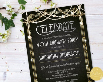 Great Gatsby Einladung, Geburtstagseinladung für Erwachsene, Roaring 1920er Jahre, Art Deco Digital Invite, Glitter Elegant, 40.50