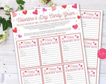 May include: Printable Valentine's Day Candy Gram cards with pink and red hearts. The cards have a space to write "To", "Grade", "Teacher", "Message", and "From". The text on the card reads "Valentine's Day Candy Gram" and "For just a dollar or two, tell someone how much they mean to you".