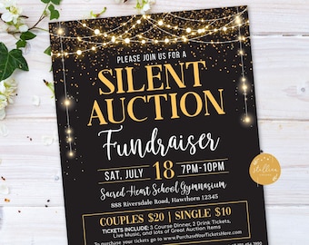 EDITABLE Silent Auction Flyer, Fundraiser Event School Pto Pta Community Fundraising Church Nonprofit Charity, Black Tie Gala Flyer TEMPLATE