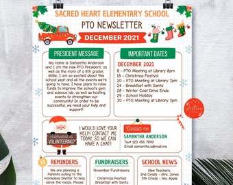 December PTO PTA Newsletter Flyer, Holiday Printable Handout, School Year Calendar, Meeting Agenda Seasonal Xmas Organizer EDITABLE Template