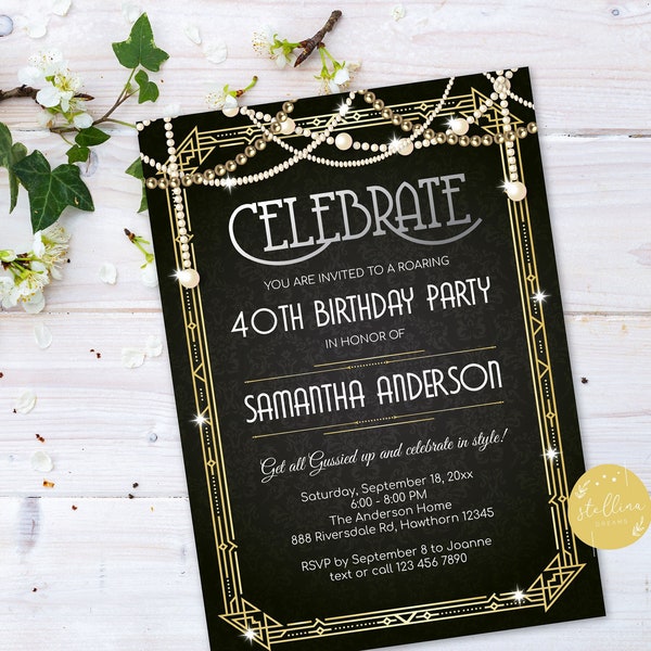 Great Gatsby Invitation, Adult Birthday Invitation, Roaring 1920s, Art Deco Digital Invite, Glitter Elegant, 40th 50th Birthday Editable