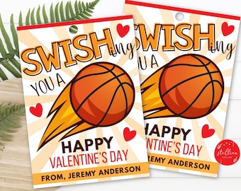 May include: Two printable Valentine's Day gift tags featuring a basketball with a red heart and the text "Swish You A Happy Valentine's Day".