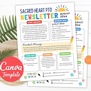 Flyer modifiable de la newsletter PTO PTA, document à distribuer à imprimer pour la classe, calendrier de l&#39;année scolaire, organisateur de l&#39;ordre du jour de la réunion de rentrée, modèle CANVA