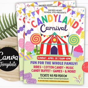 Editable Candy Themed Carnival Flyer, School Church Benefit Fundraiser Event Poster, Digital Circus Party Invitation CANVA Template Colorful