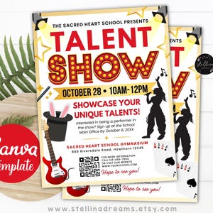 May include: Two talent show posters with a red, yellow, and black color scheme. The posters feature the text "TALENT SHOW" in large, illuminated letters, along with event details, silhouettes of performers, and a guitar.