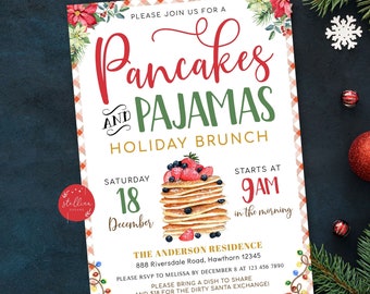 Editable Christmas Pancakes and Pajamas Xmas Party Invitation, Christmas Party Invite Holiday Brunch Party Digital Plaid Invitation Template