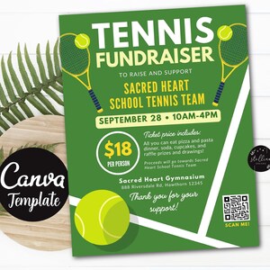 Editable Tennis Fundraiser Flyer, Printable School Benefit Fundraiser Event Poster Digital Party Tennis Tournament Invitation CANVA Template